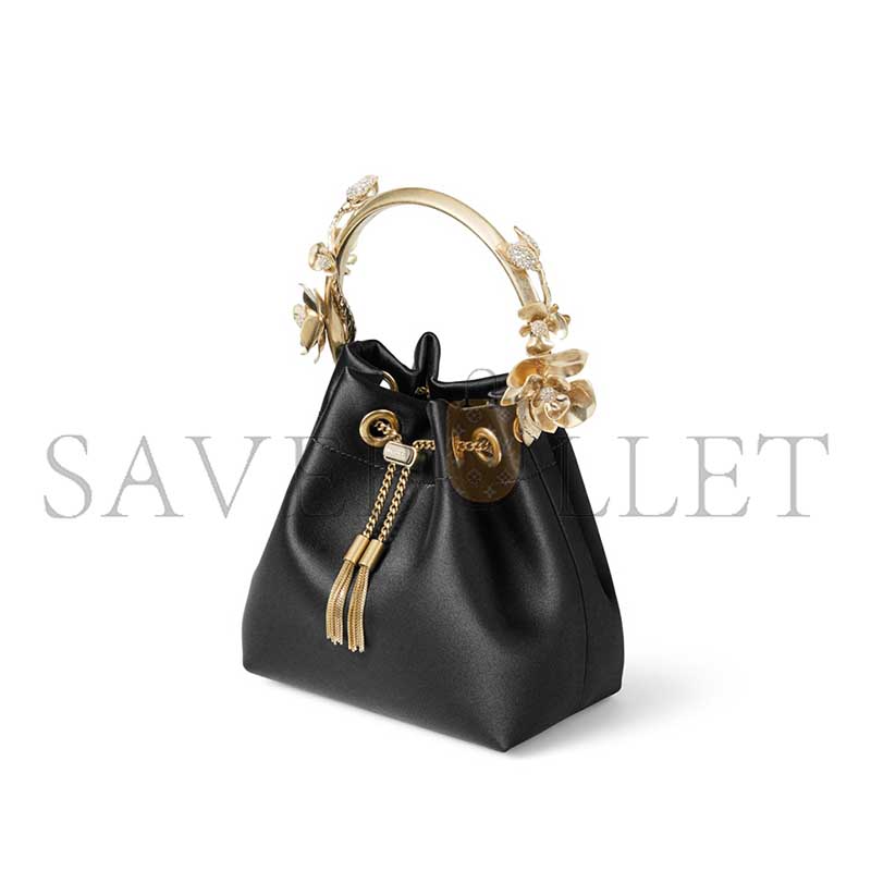 JIMM YCHOO BON BON BLACK SATIN BUCKET BAG WITH METAL FLOWERS BONBONIFE010003 (15*14*9.5cm)